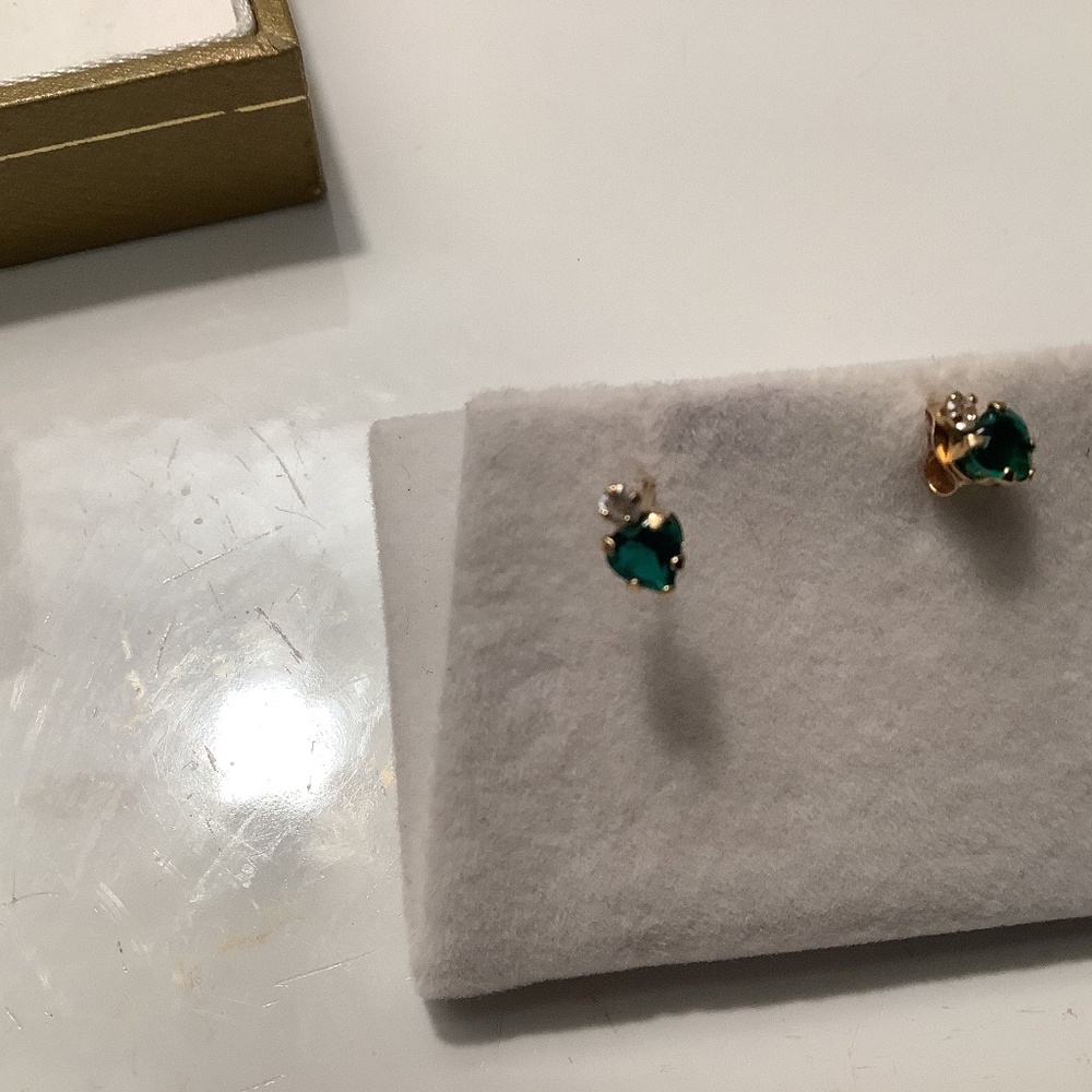 14kt gold earring with lab created emerald and tiny diamond accent